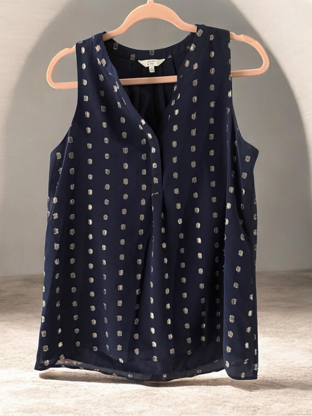 Women's Crown & Ivy Navy & Gold Polka‎ Dot Blouse Size S